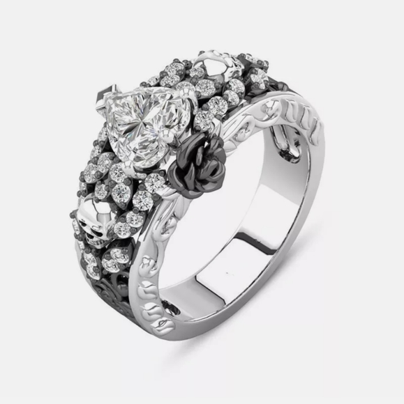 Black and Silver Skull and Rose Ring - Picture 2 of 3